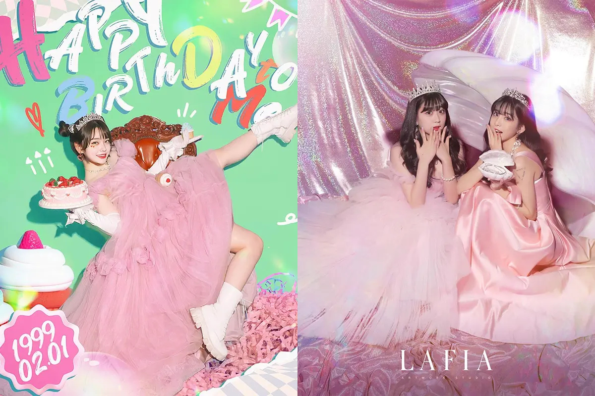 コンセプト写真の例として、2人の女性がカラフルなティアラをかぶって写真を楽しんでいる姿。