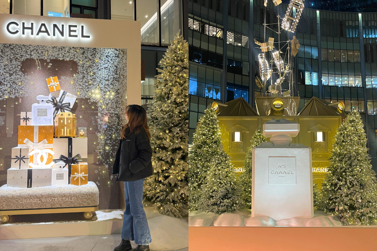 Рождественские декорации и елка с огнями Chanel в торговом центре
