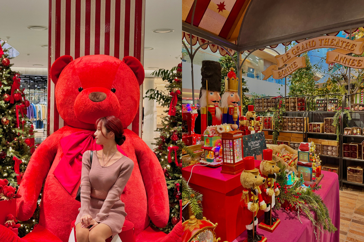 Праздничные декорации, такие как огромный плюшевый медведь и рождественские орешки, в торговом центре