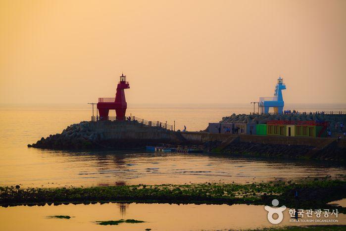 梨湖木筏燈塔的日間景色,兩座燈塔分立於海岸。