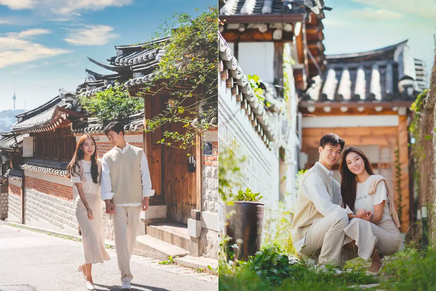 韓屋村小巷中拍攝的情侶，展現韓屋的傳統之美
