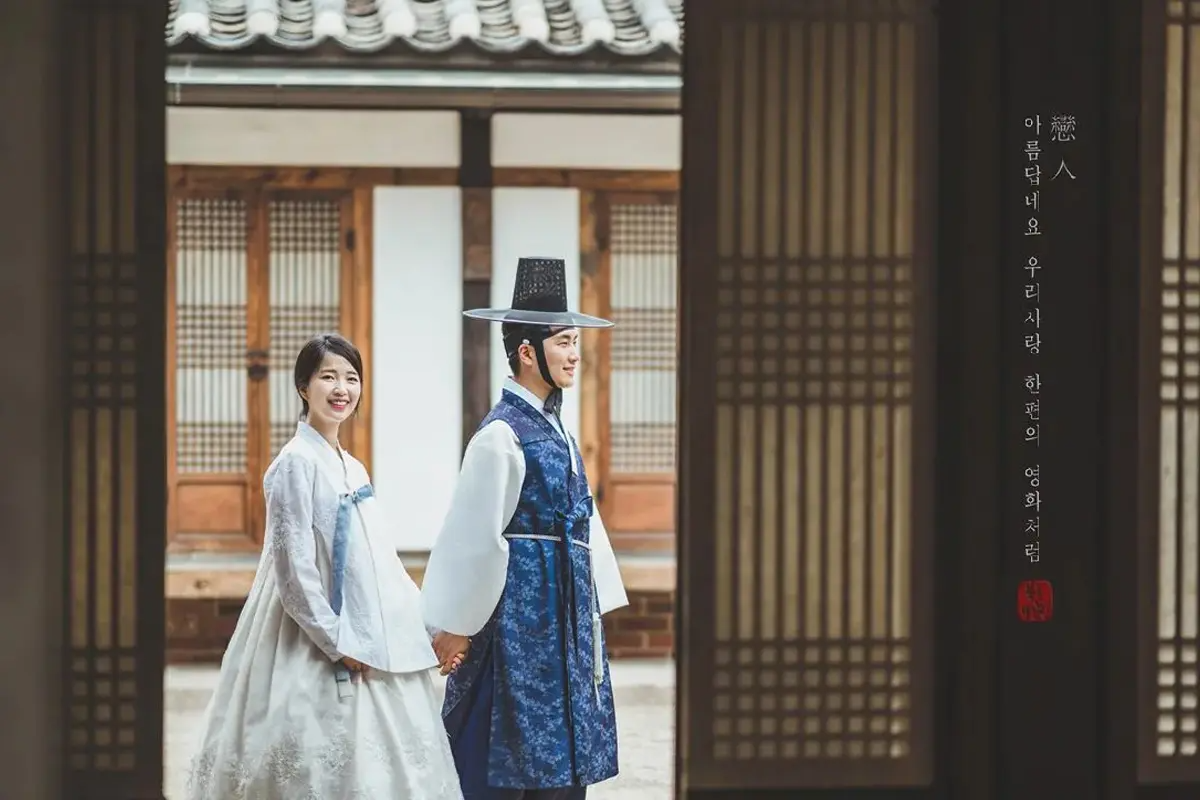 Photo session showcasing the beauty of hanbok against Korean historical architecture.