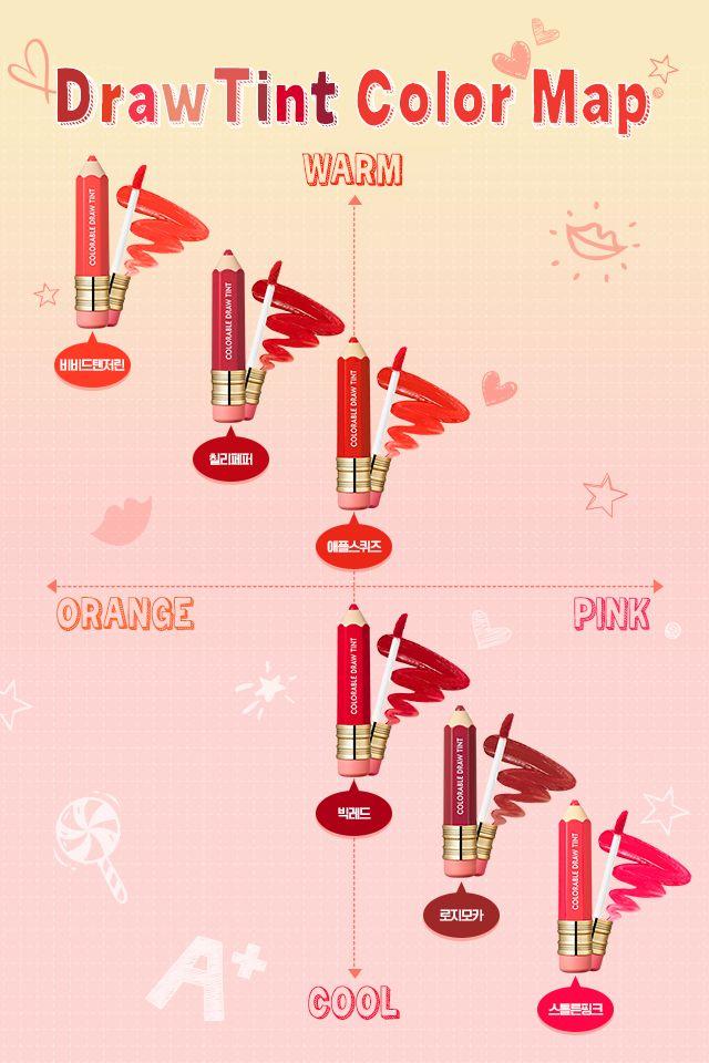 IT'S SKIN的色彩圖表，對比不同色調的唇釉，展示暖色及冷色的搭配建議。