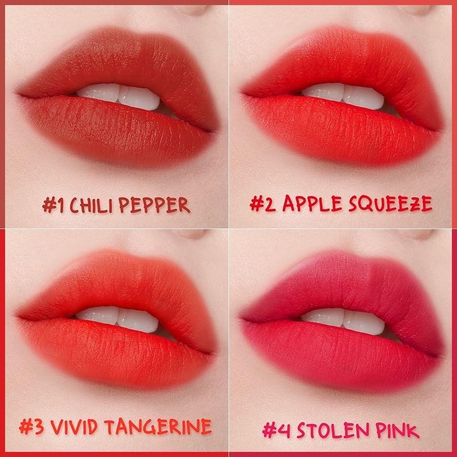 四種顏色的唇釉塗在嘴唇上的效果展示，包括辛辣紅椒、蘋果果汁和搶眼紅色。