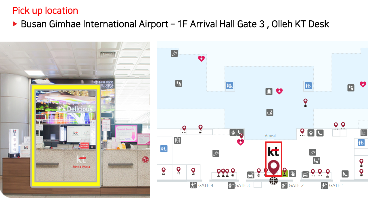 Busan Gimhae Airport Terminal, profiled with KT Olleh service booth operating next to Gate 3, showcasing SIM card and WIFI pickup services from 06:00 to 20:00.