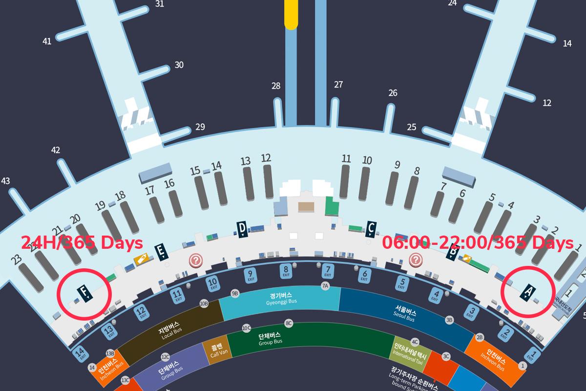 Map of Incheon International Airport Terminal 1 with KT Olleh Roaming Booth pick-up locations at Gates A and F, indicated with service hours for SIM card collection.