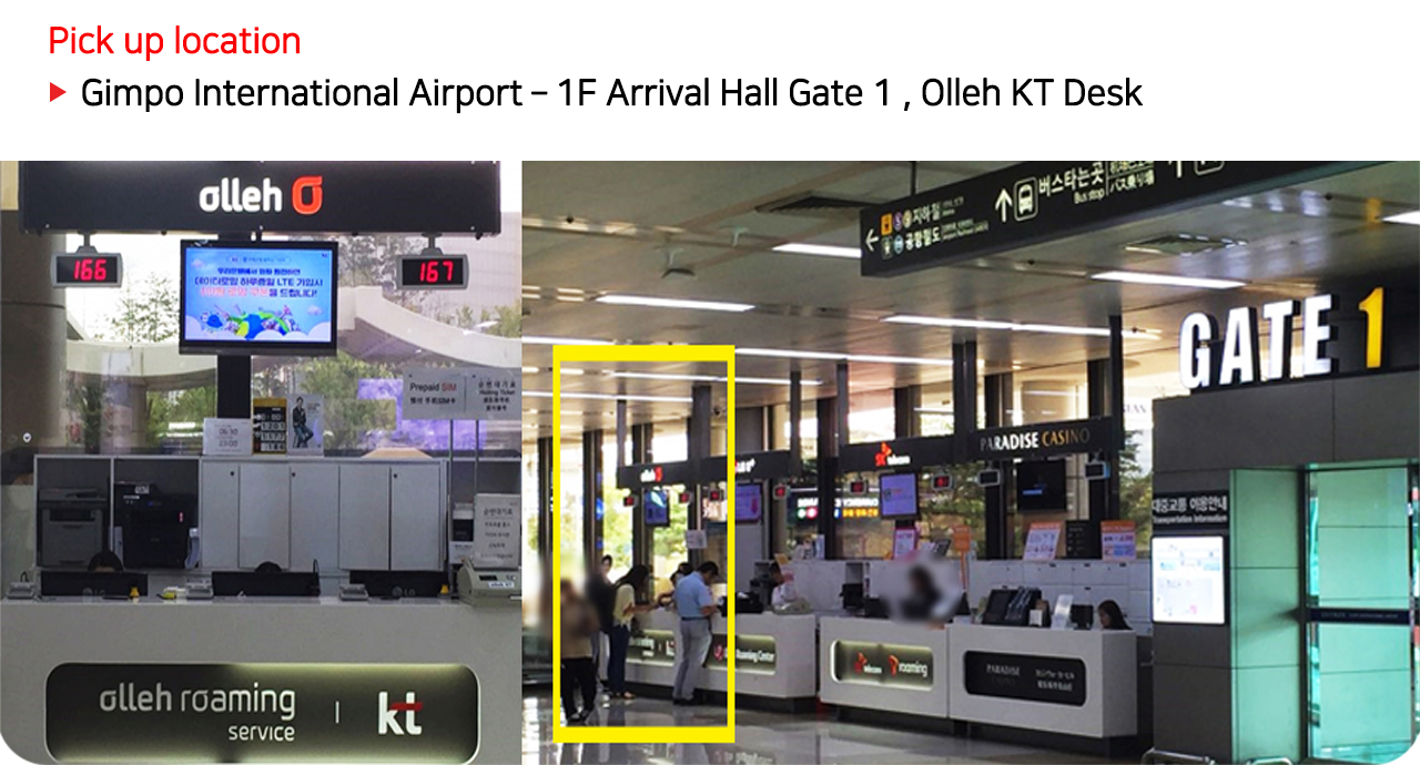 Gimpo International Airport arrival hall displaying KT Olleh Roaming service desk at Gate 1 for SIM card pickup, servicing from 06:30 to 23:00 daily.