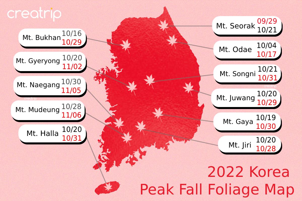 Mapa de Corea del Sur mostrando las fechas de máximo follaje otoñal en 2022, señalando montañas como Seorak, Odaesan y Jirisan en varios tonos de rojo y naranja.