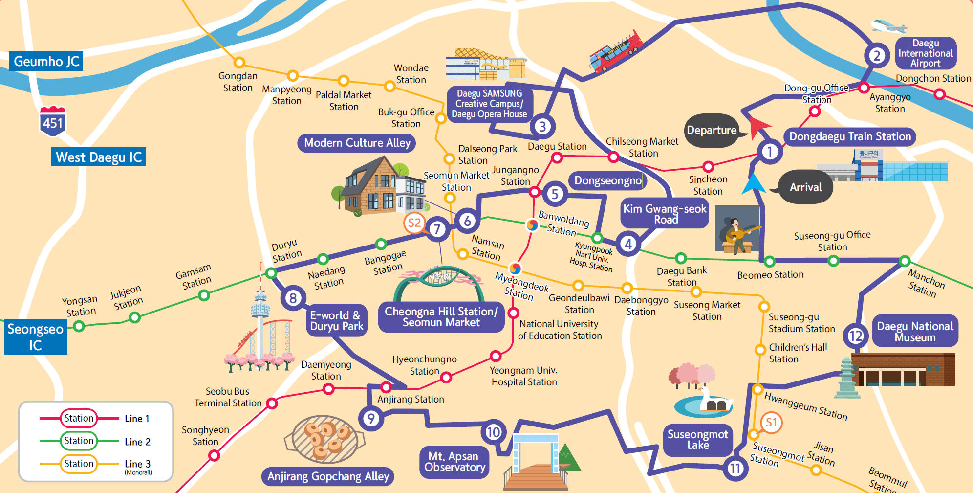 แผนที่การเดินทางรถบัส Daegu City Tour ไปตามเส้นทางต่าง ๆ ของเมืองแดกู ประเทศเกาหลีใต้ แสดงให้เห็นสถานที่หยุดสำคัญ เช่น Dongdaegu Station และ Daegu International Airport ทำให้เป็นวิธีเดินทางที่สะดวกสำหรับนักท่องเที่ยว