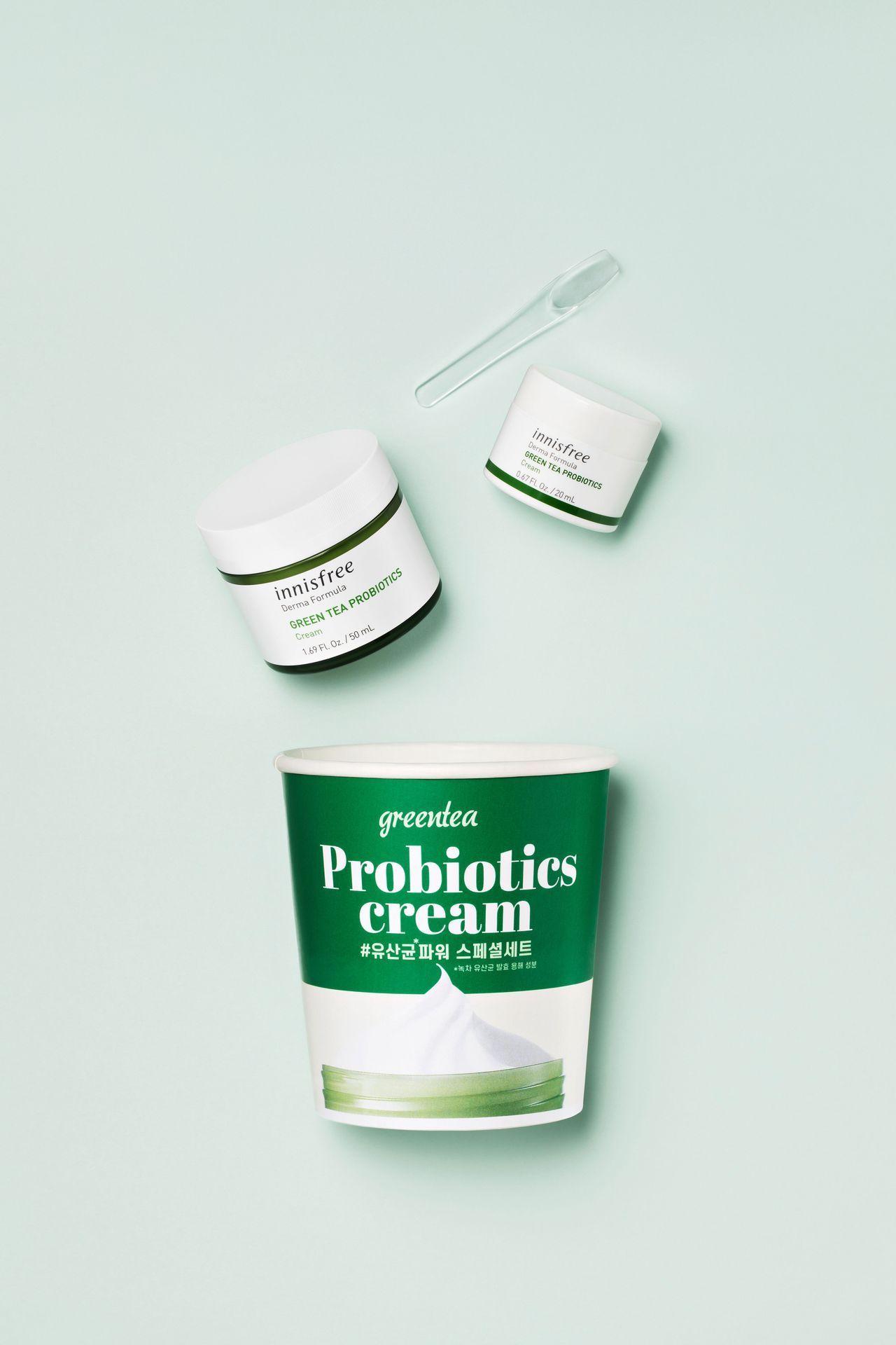 innisfree 綠茶益生菌乳霜，包裝設計像食品，帶有綠色包裝與優惠廣告語。