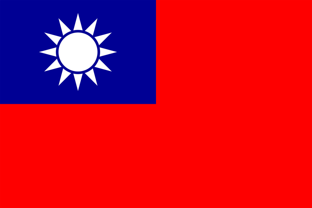 Graphic representation illustrating Taiwan's flag, featuring a white sun with twelve rays on a blue sky in the upper left corner against a red background.