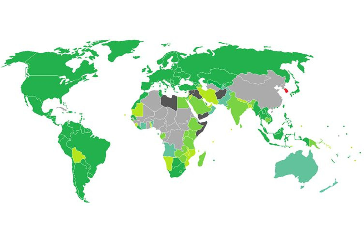 世界各地免韓簽名單地圖，綠色代表免簽國家。 - Creatrip 韓國旅遊資訊博客