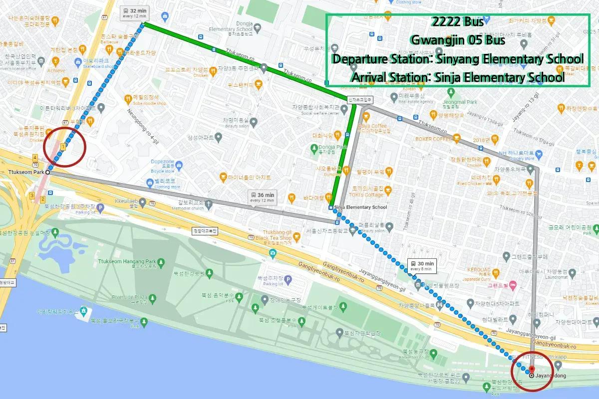 漢江近くの地図が表示された画像、トゥクソム遊園地駅までのルートを示しています。
