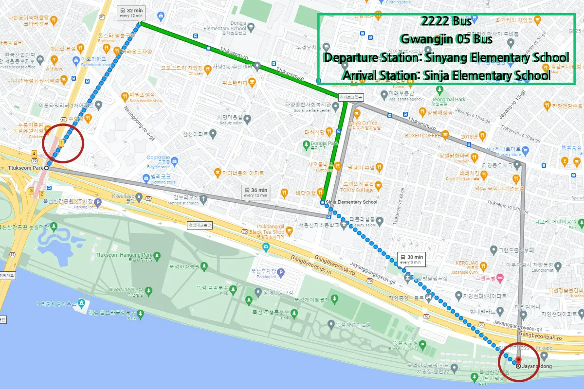 Eine Wegbeschreibung zeigt den besten Busroute zur Kajakstation am Hangang Park.