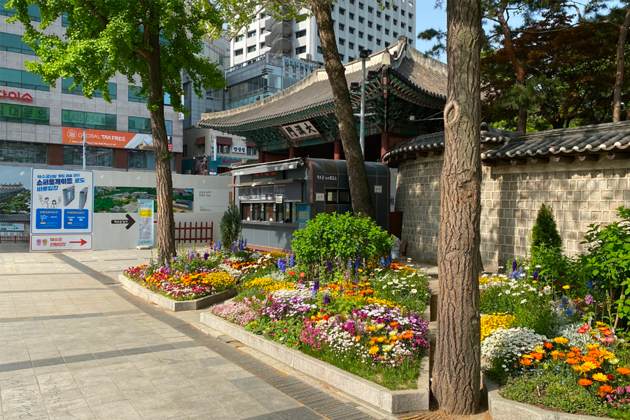 德壽宮內的遊客服務區,入口附近佈滿色彩繽紛的花朵