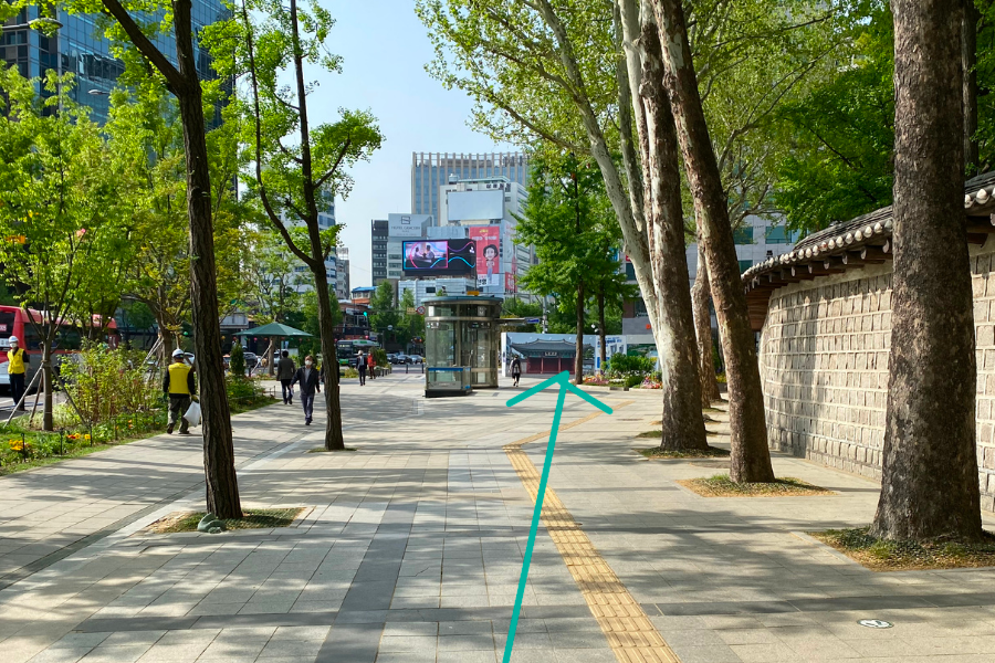 從市廳站2號出口前往德壽宮的步道,綠意盎然的街景