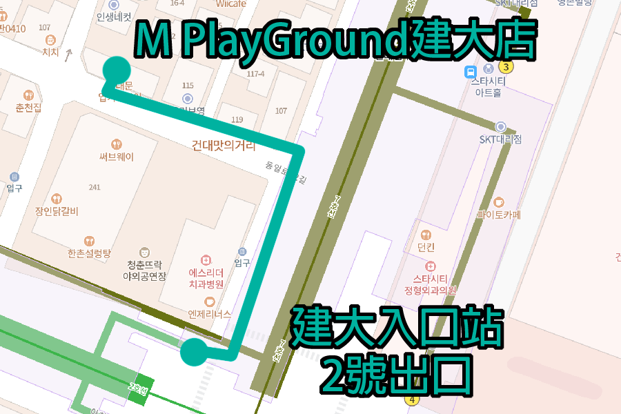 M PlayGround建大店的地圖，顯示首爾地鐵2號線建大入口站2號出口的位置。
