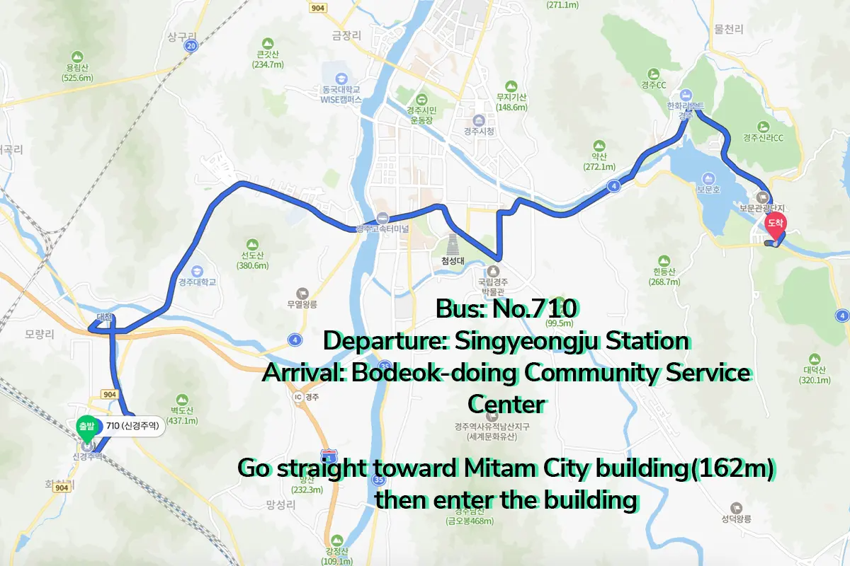 導航圖像顯示從 Singyeongju 車站到 Bodeok-dong 社區服務中心的公共汽車路線 710 的詳細信息，包括路線圖和方向指南