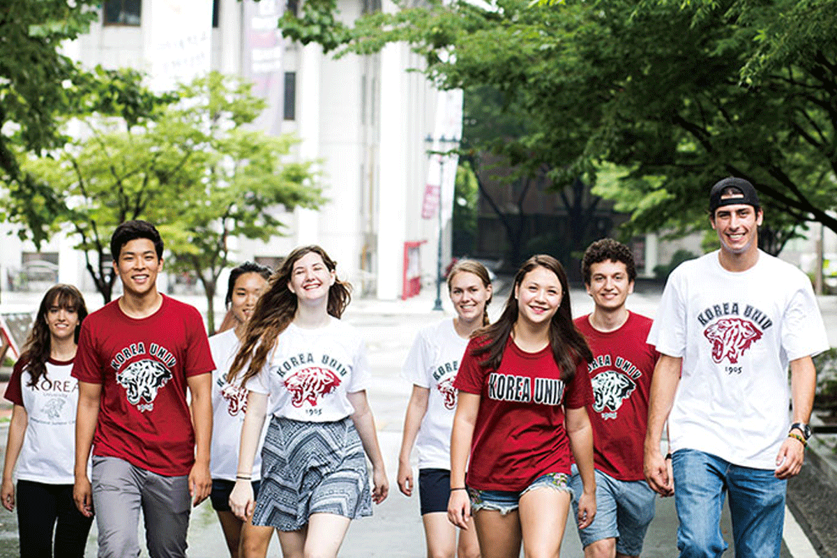 高麗大学の学内の様子と活発な文化交流プログラムを持つ韓国語トウミの存在を示す視覚表現。大学生や語学堂の学生が共に学び、交流を深める場面の案内画像。