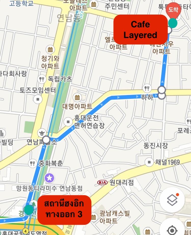 แผนที่การเดินทางไปยัง Cafe Layered ในย่านยอนนัมดง แสดงเส้นทางจากสถานีฮงอิก ทางออก 3