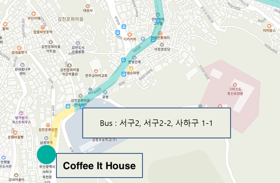 แผนที่แสดงเส้นทางการเดินทางไปยังCoffee It House ในปูซานผ่านรถบัส 서구2, 서구2-2 และ 사하구1-1
