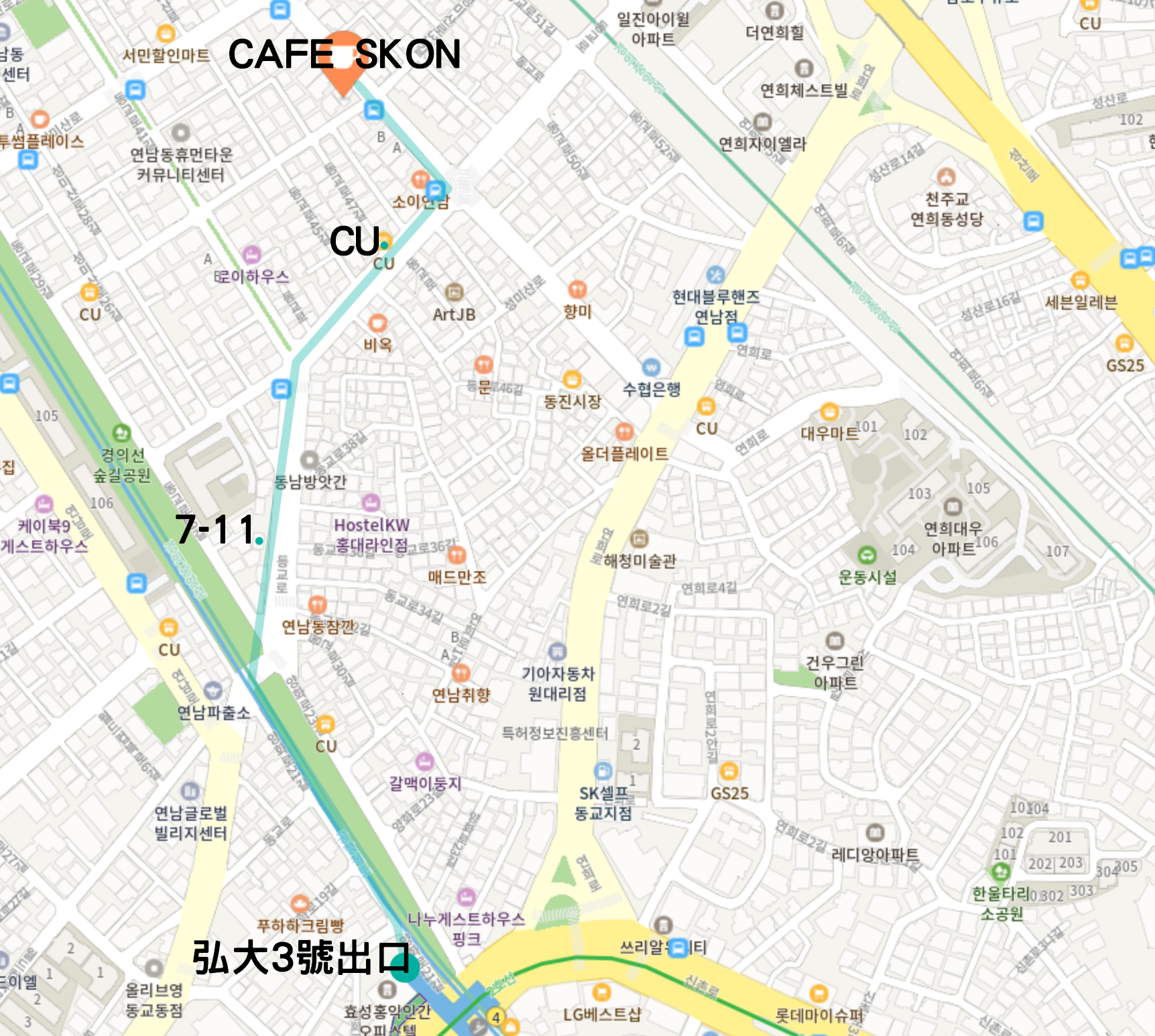 弘大地区的地图，标示了Cafe Skön的具体位置，方便旅行者找到咖啡馆