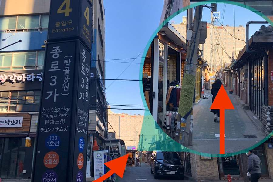 鐘路三街站4號出口的照片，指示牌顯示附近的路徑，背景是益善洞巷弄，行人行走其中。