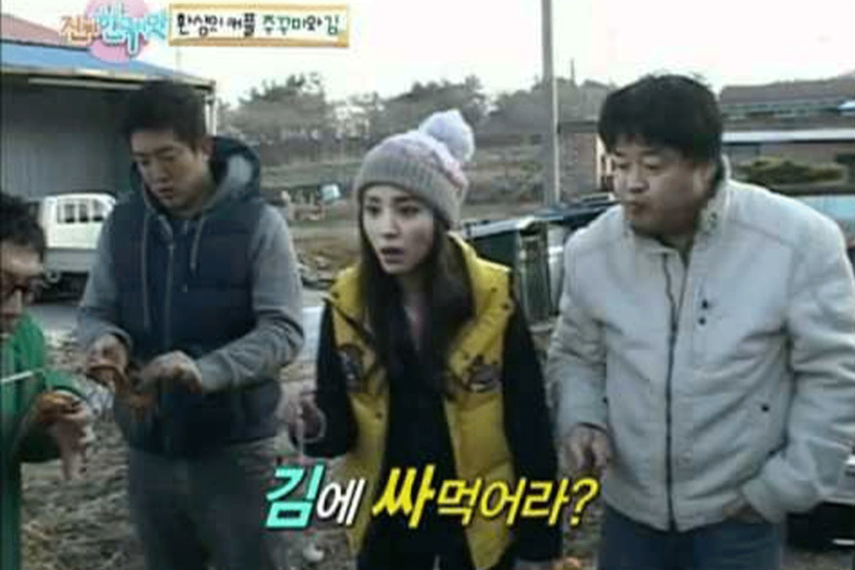 数人が屋外で共に食事をしている様子の韓国のバラエティ番組のシーン