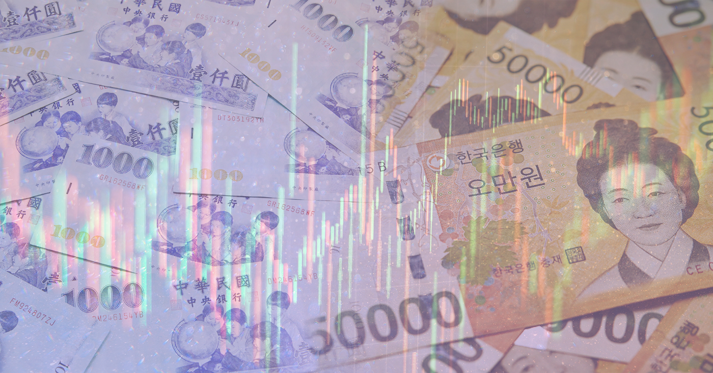 韓幣背景搭配匯率曲線圖，提醒訪客瞭解旅行期間貨幣匯率波動的重要性。