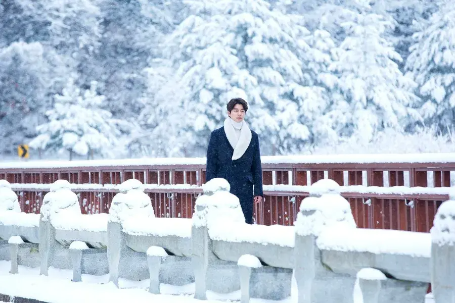 Snow-covered landscape with a traditional Korean bridge and trees, capturing the enchanting winter in Korea.