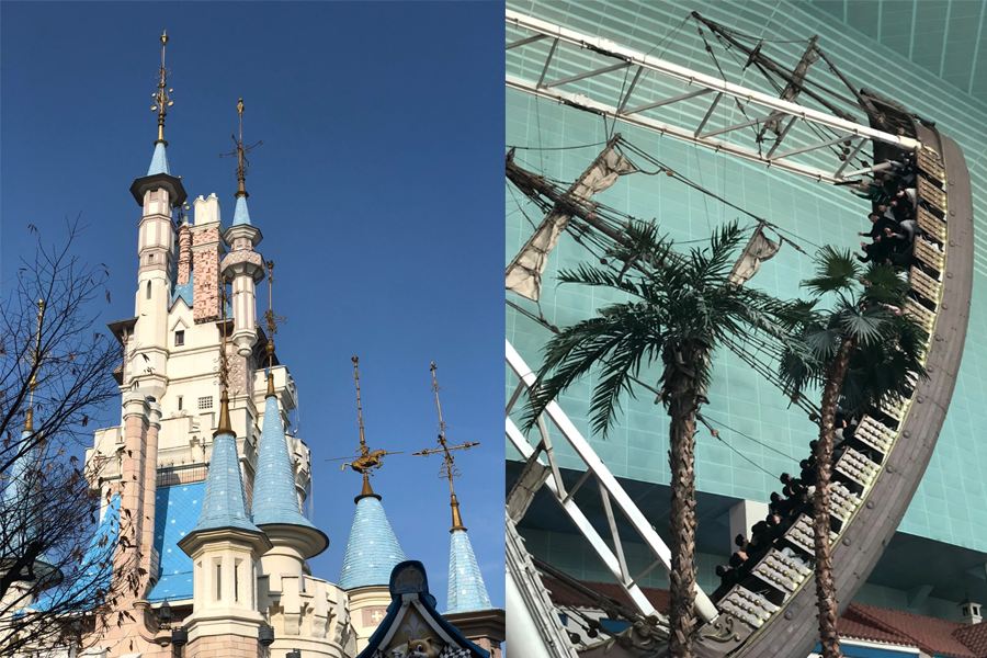 乐天世界的摩天塔和游乐设施，鲜艳的色彩和优美的设计吸引眼球。