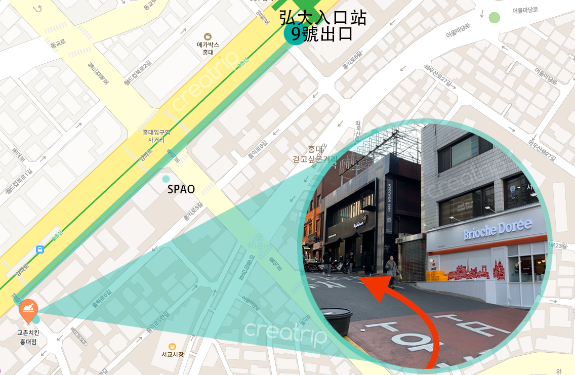 타이완어 ALT 텍스트 보기: 韓國弘大橋村炸雞, 示意圖, 韓式炸雞店的行走方向圖, 您可以看到SPAO到Brioche Doree的位置與路線