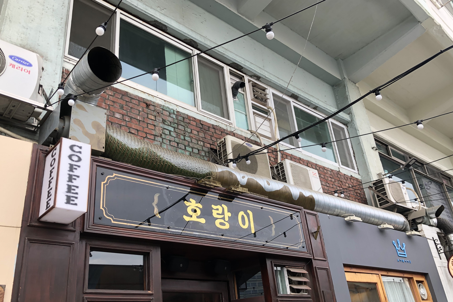 세운상가 옆의 건물에서 내려다본 풍경. 도로와 나무들이 어우러진 조화로운 전경.