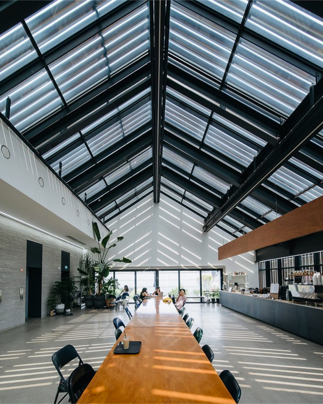 서울의 카페 내부 모습, 현대적인 인테리어와 자연광이 어우러진 공간