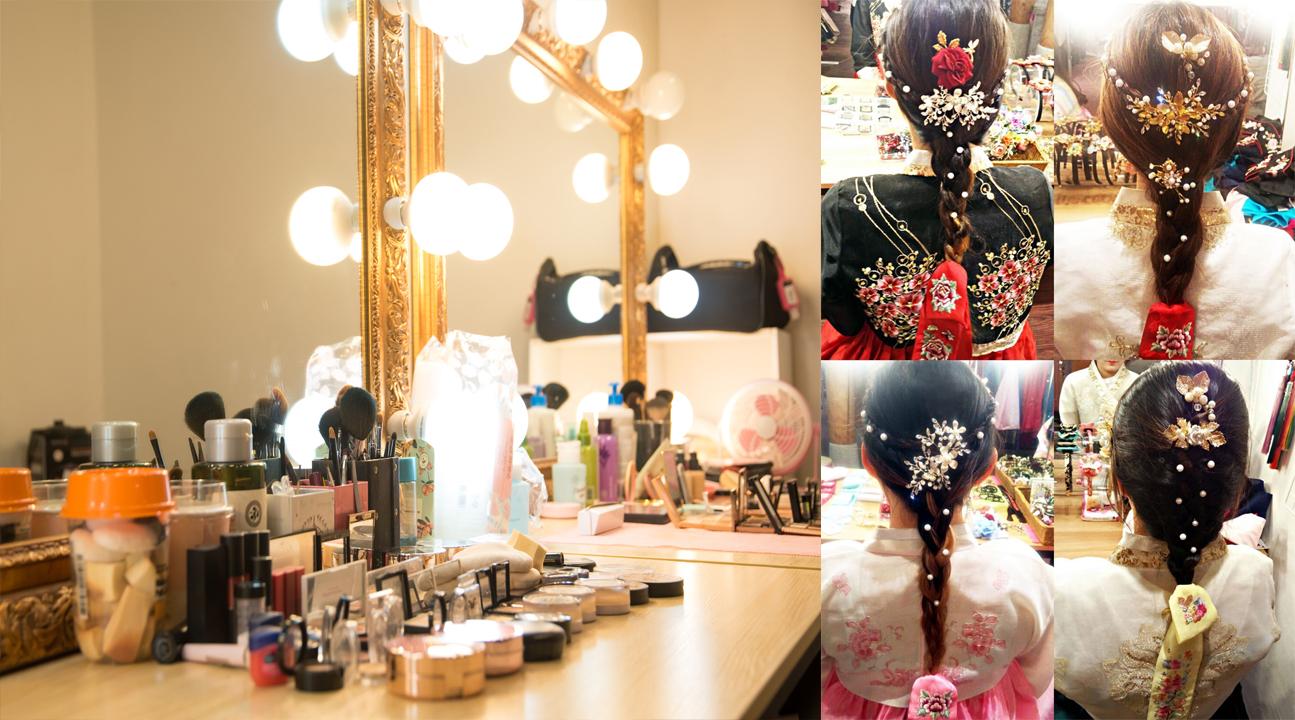 メイクアップルームの鏡の前、韓服に合う美しい髪飾りを紹介しています。