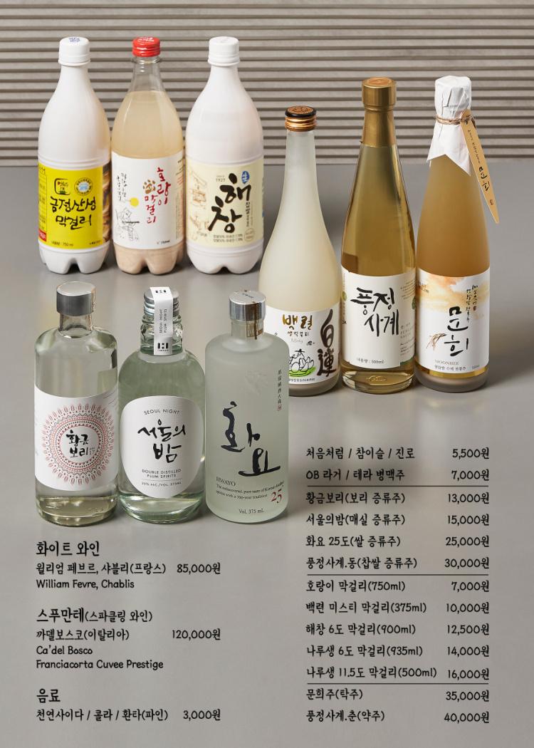 黄色の大瓶とお灑落なラベルのマッコリのボトルが並ぶ写真、市場にあるマッコリの品揃えを示す。