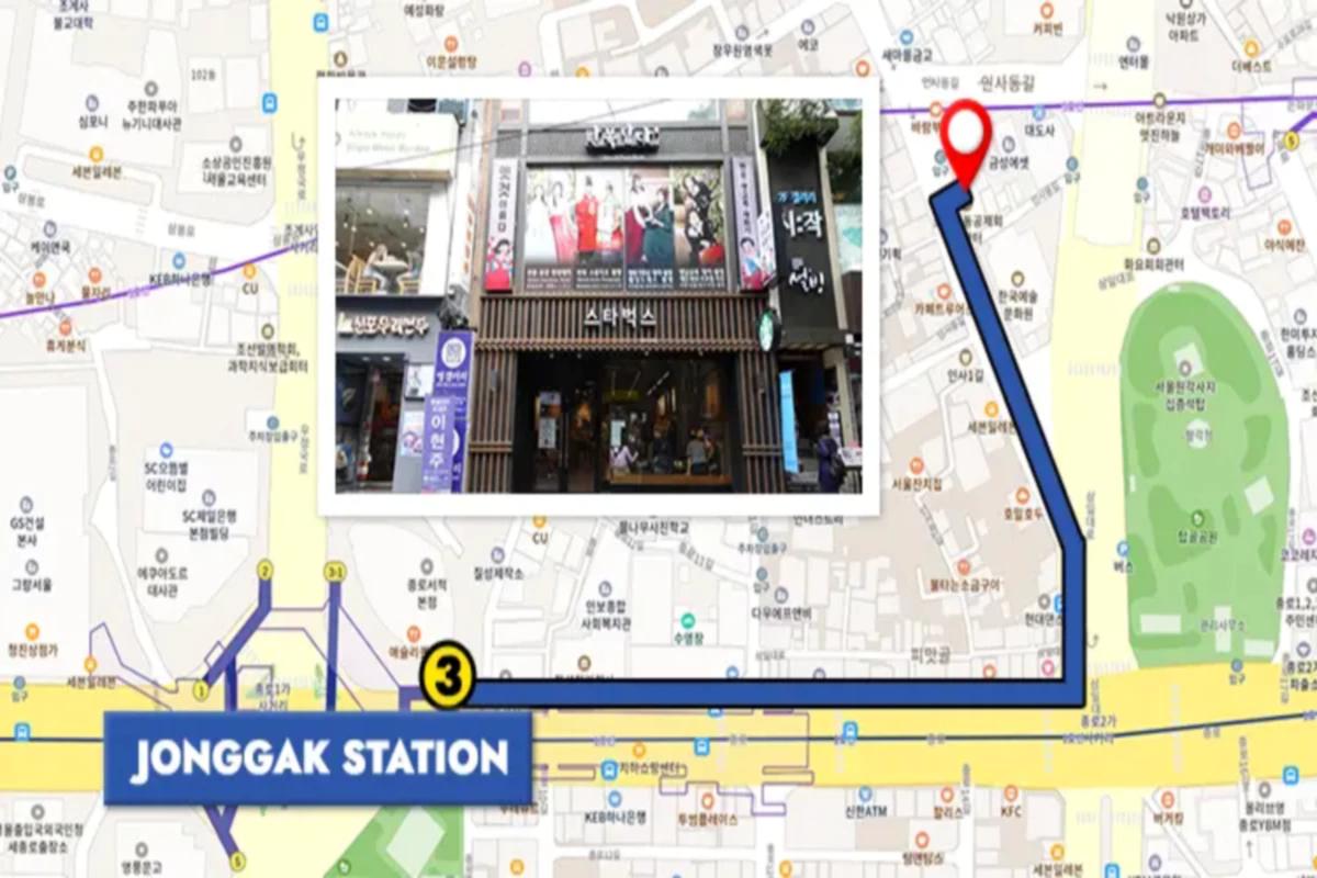 鐘閣駅から仁寺洞へのアクセスマップ。距離が示された地図上には、韓服体験可能なビルのイメージが掲載されています。