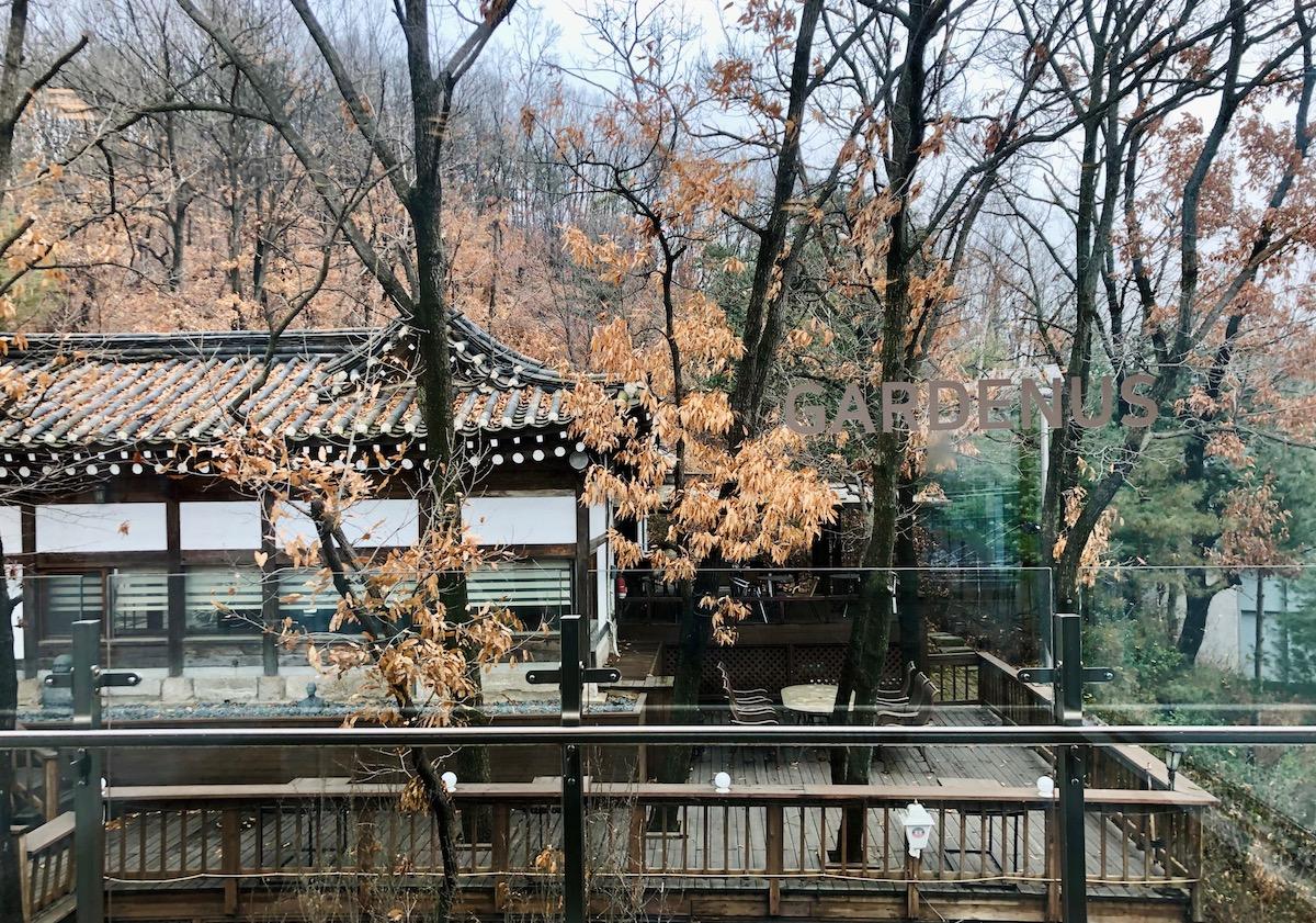 Hanok-Ausblick aus dem GARDENUS Café in Paju, der ein harmonisches Zusammenspiel von Tradition und Moderne zeigt.