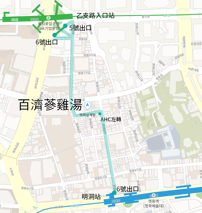 首尔明洞地区百济参鸡汤餐厅的地图位置，附近标示有重要地标和地铁出口指引，方便游客寻找餐厅位置。