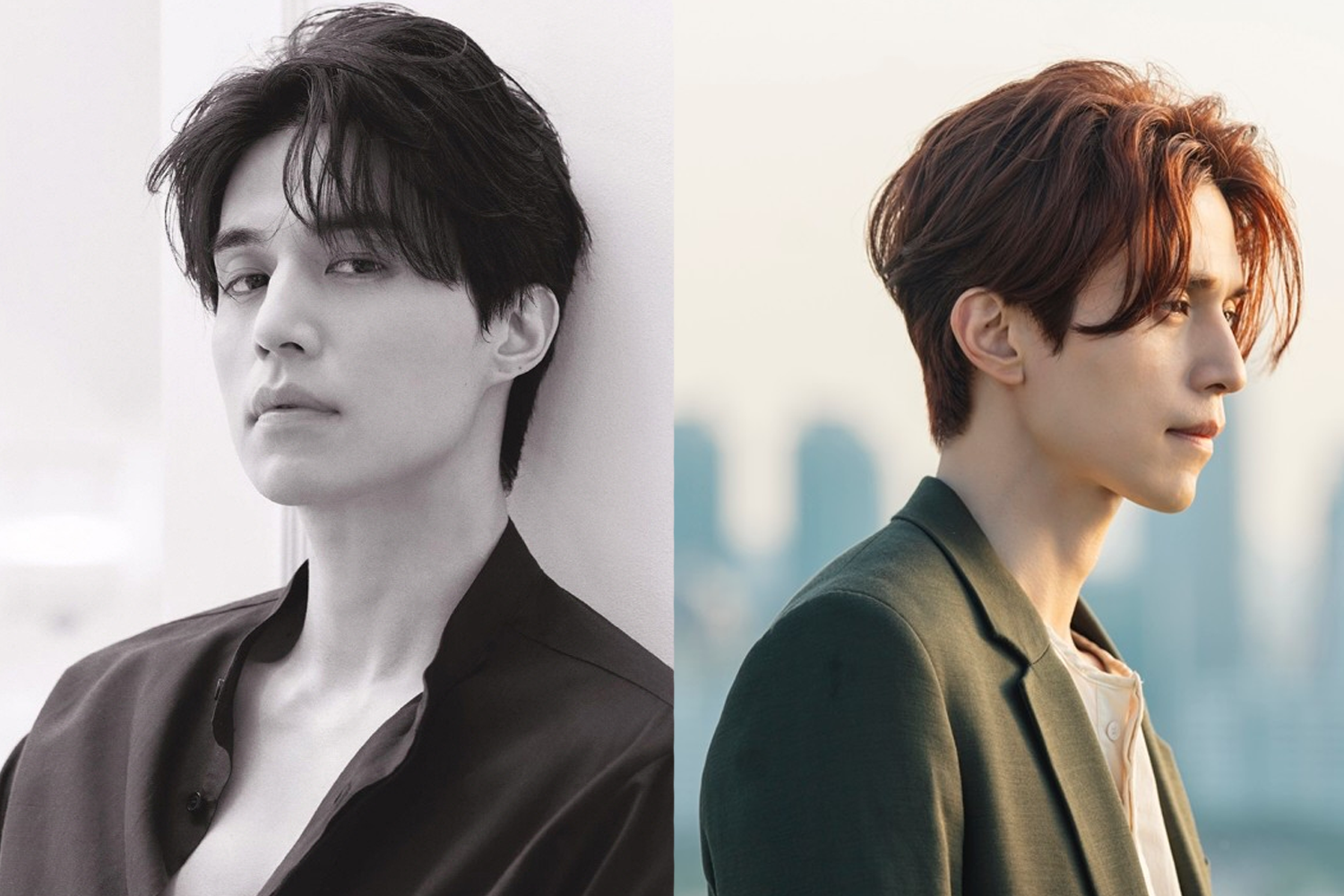 李棟旭的黑白側面照片，背景為簡單的顏色。