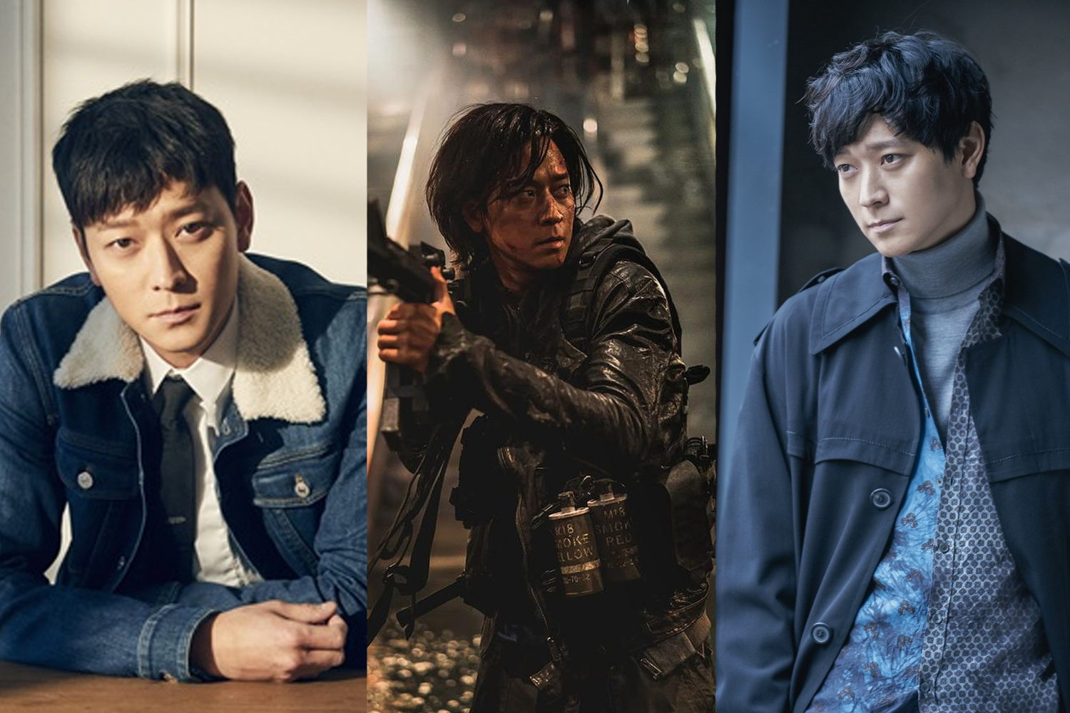 姜棟元的多個角色展示，包括在動作場景中的裝扮。