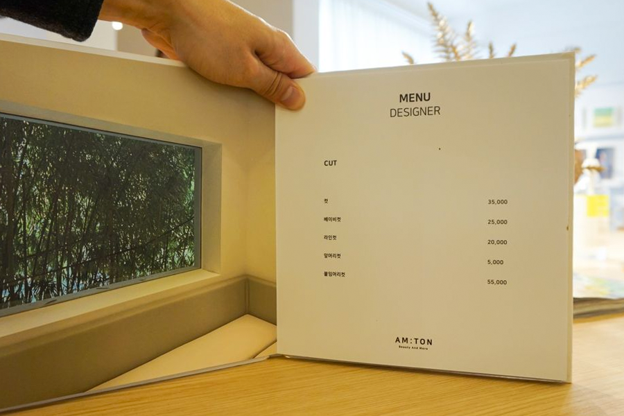 AM:TON 染髮示例，展示不同色號的髮束，有助於顧客選擇合適髮色。