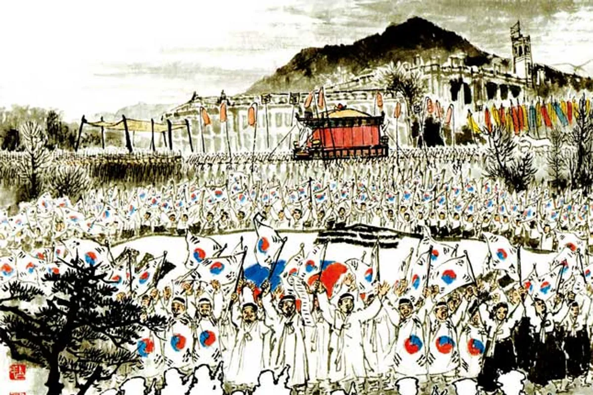 历史画作展示了韩国独立运动中的一场集会