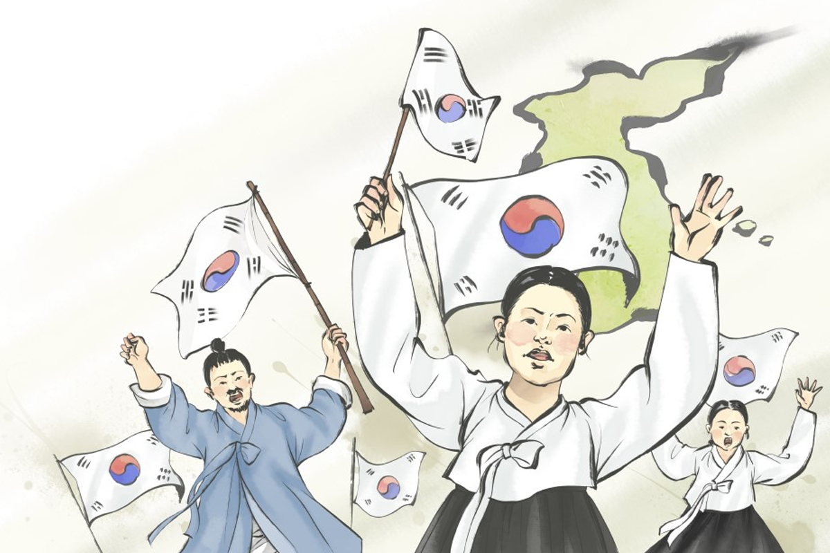 一群韩国人在绘制地图背景下进行三一运动示威