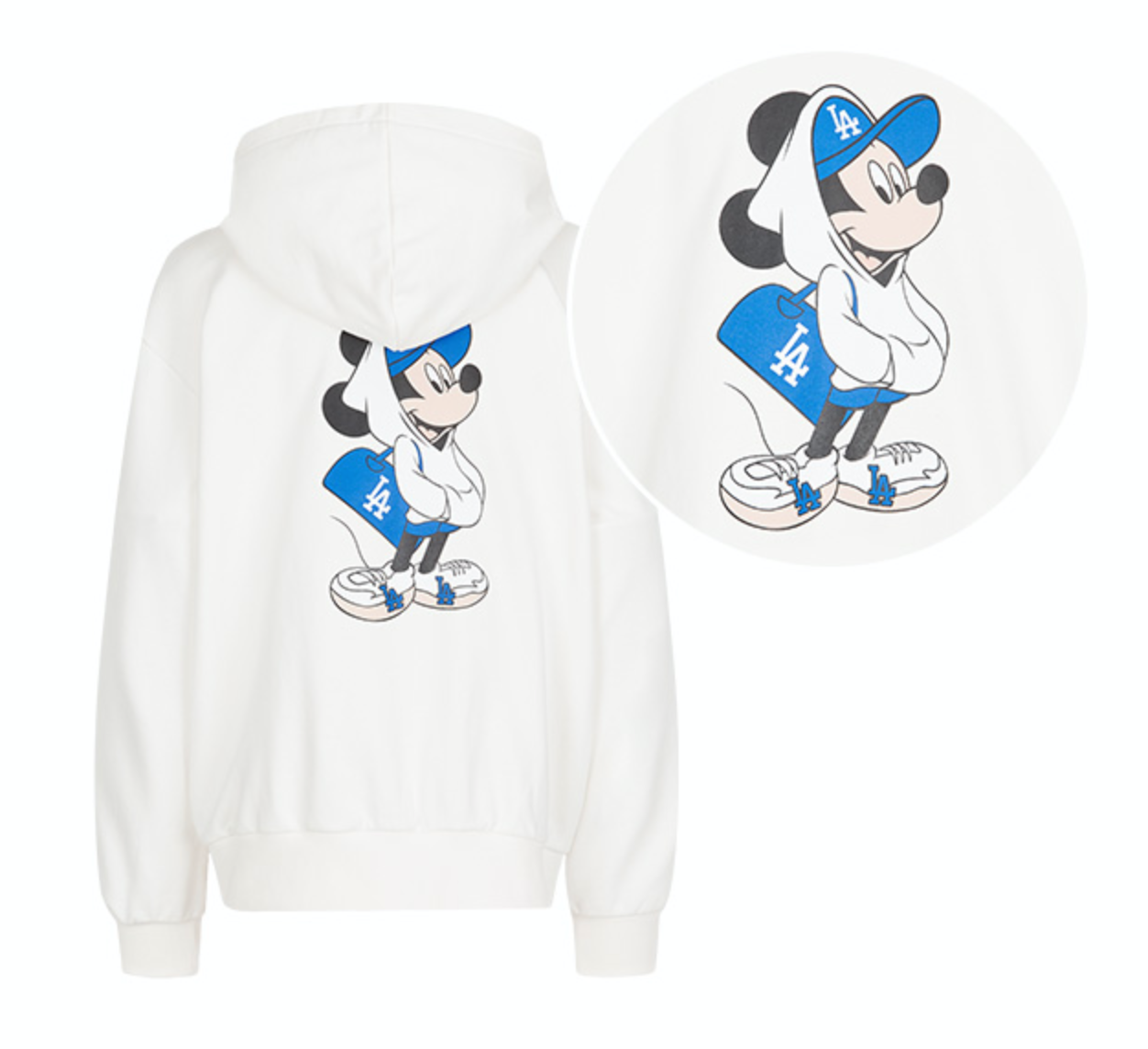 เสื้อฮู้ด Mickey Mouse Hood Zip-up สีขาวจาก MLB แสดงลายมิกกี้เมาส์หน้ายิ้มใส่เสื้อทีม Los Angeles