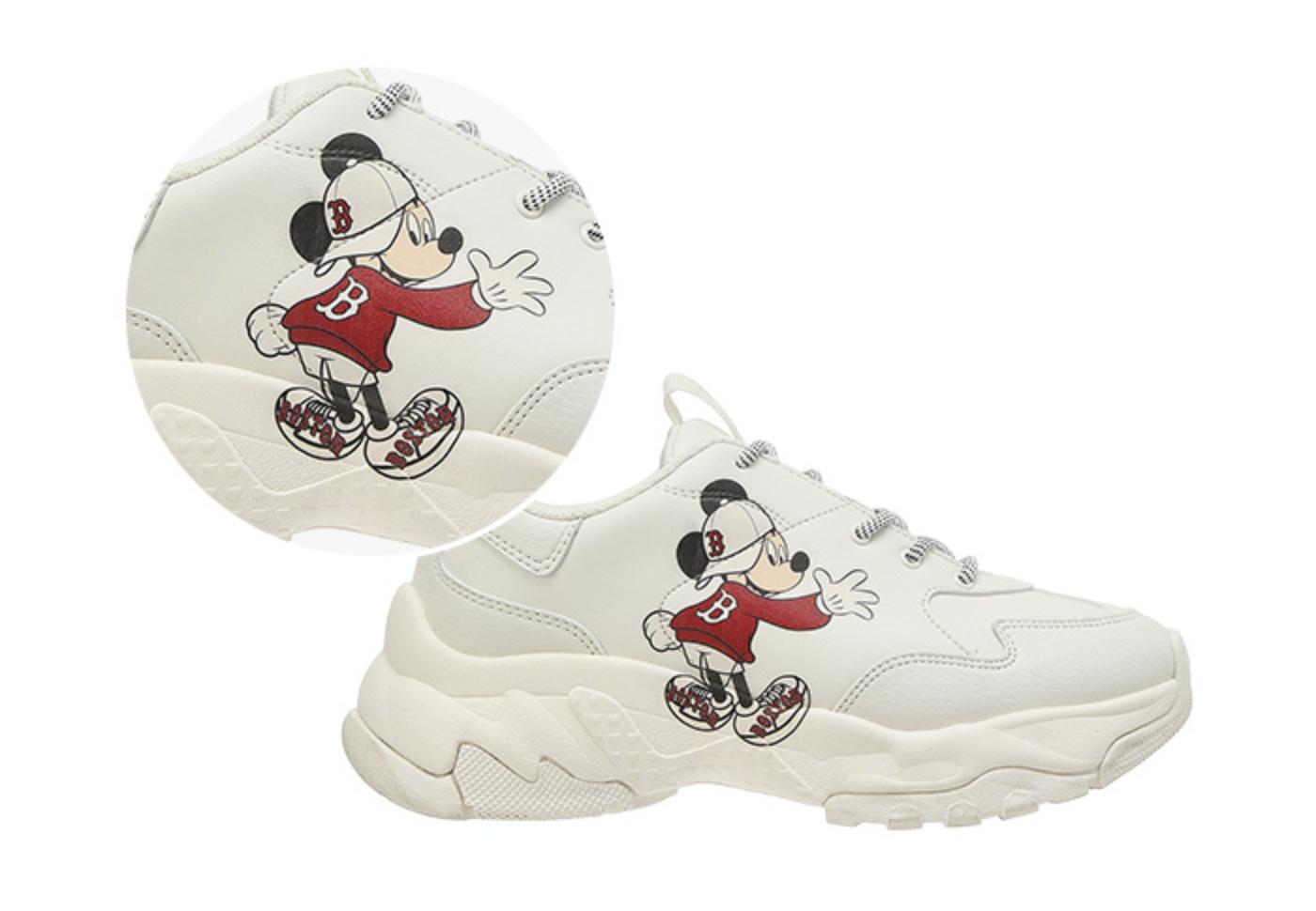 รองเท้า MLB x DISNEY รุ่น Bigball Chunky Mickey สีขาวที่มีลายรูปลักษณ์มิกกี้เมาส์