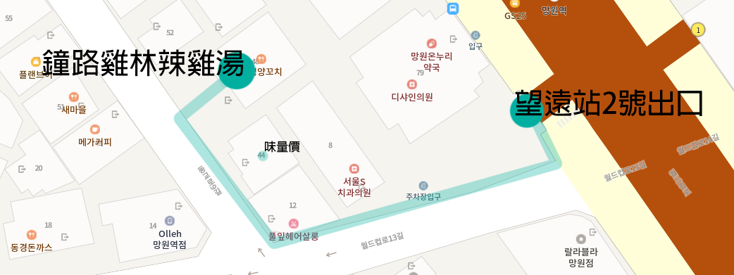 望遠地區地圖，標記了鐘路雞林辣雞湯店和望遠站位置