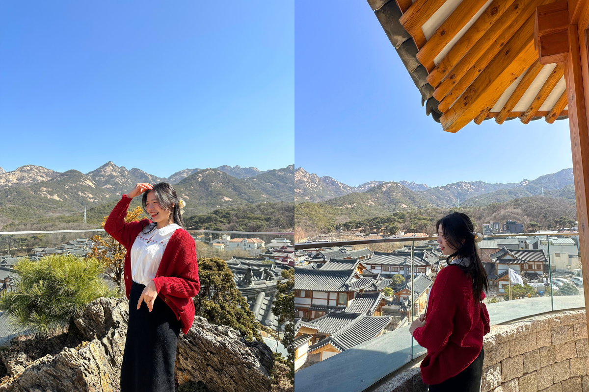 Side-by-side images showing a visitor posing at a scenic lookout in Eunpyeong Hanok Village with a backdrop of picturesque mountains.