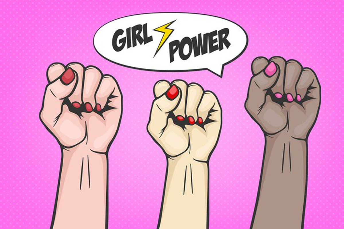 女性团结支持的漫画风插画，画中写有“女权力量”字样，表达了女性团结和力量。