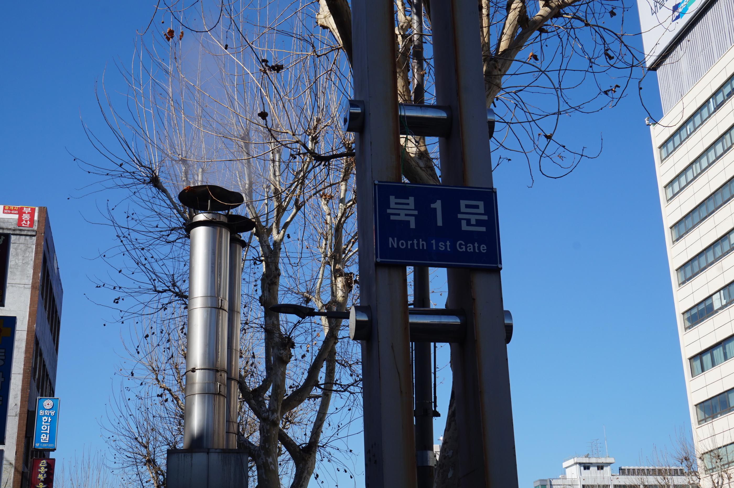 広蔵市場の北1番ゲートの看板が見える景色。青空を背景にした冬の木々。